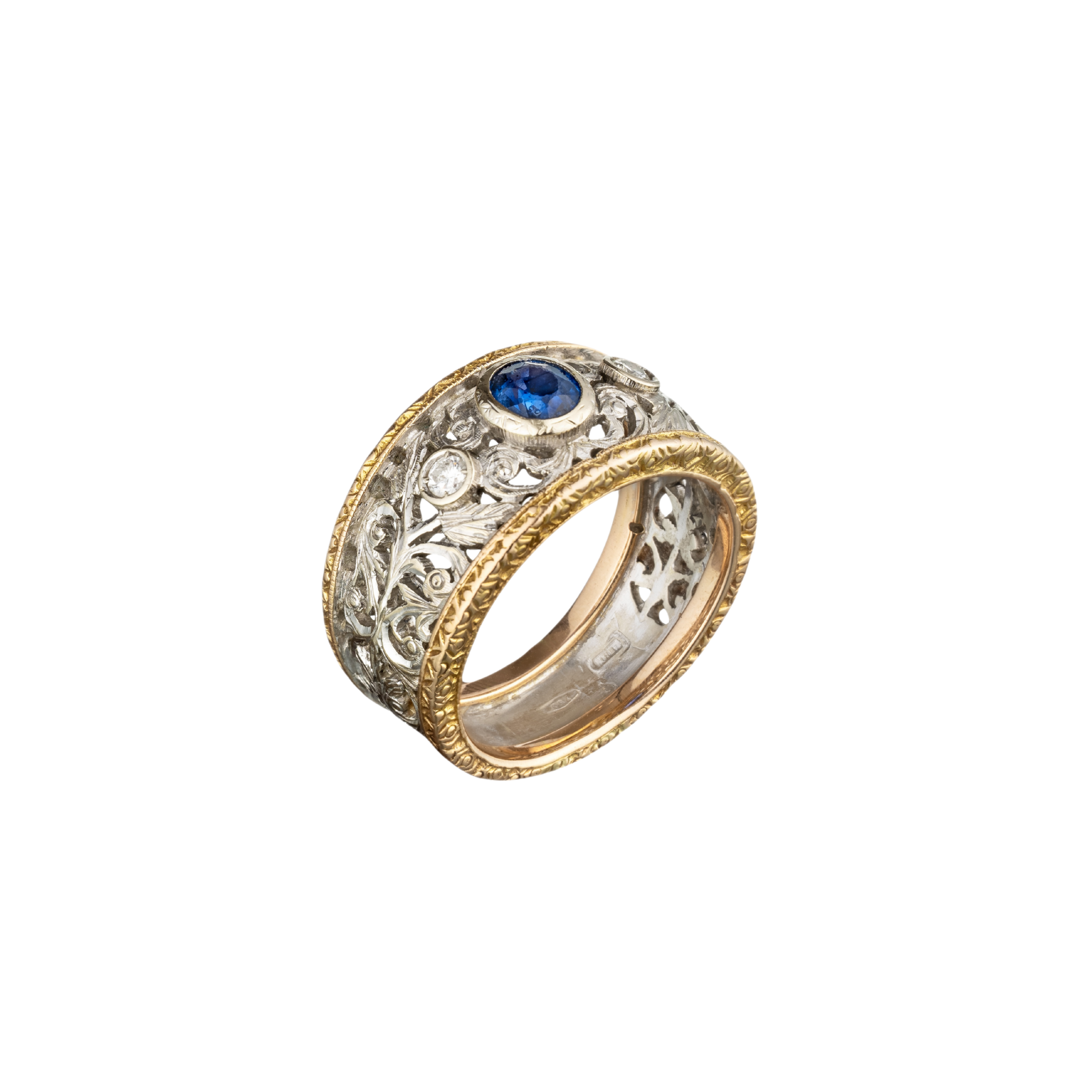 18k yellow and white gold Florentine ring with sapphire and diamond accents