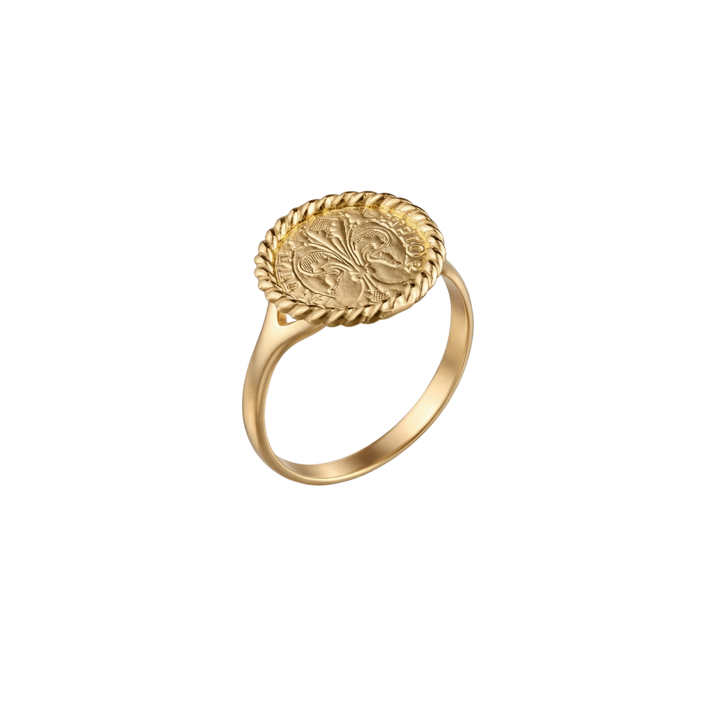 18k gold Florentine Fiorino coin ring with twisted rope bezel