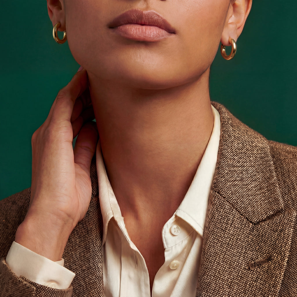 Woman wearing classic medium 18k gold tube hoop earrings