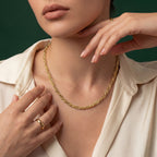 Woman wearing 18k gold alternating paperclip and rope chain necklace