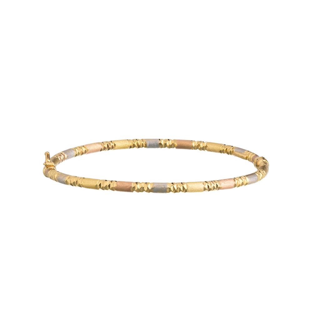 Tricolor Gold Satin & Diamond-Cut Hinged Bangle