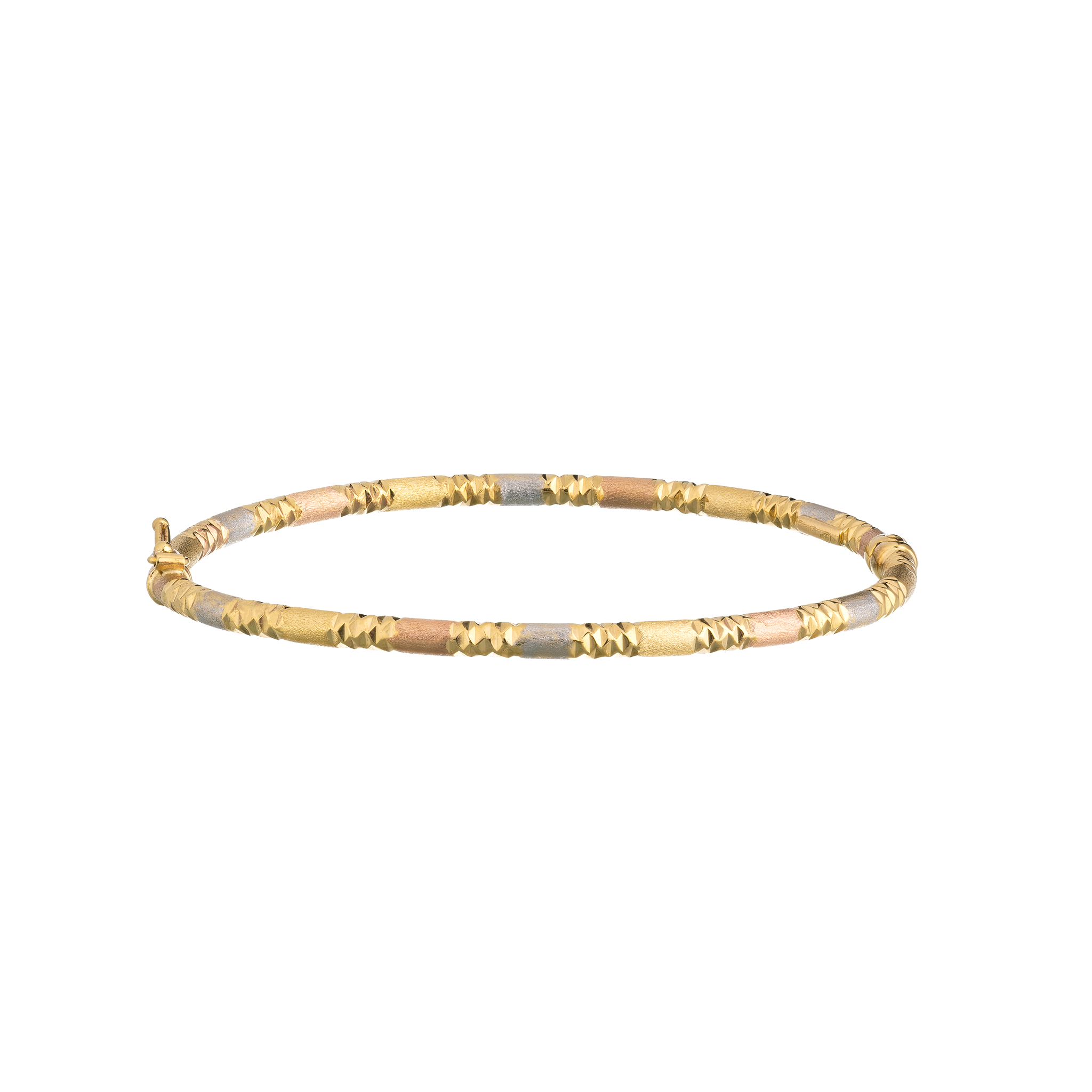 Tricolor Gold Satin & Diamond-Cut Hinged Bangle