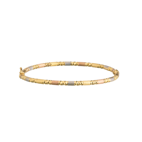 Tricolor Gold Satin & Diamond-Cut Hinged Bangle