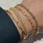 A close-up of a person's wrist wearing five stacked gold bracelets, including the paperclip bracelet.